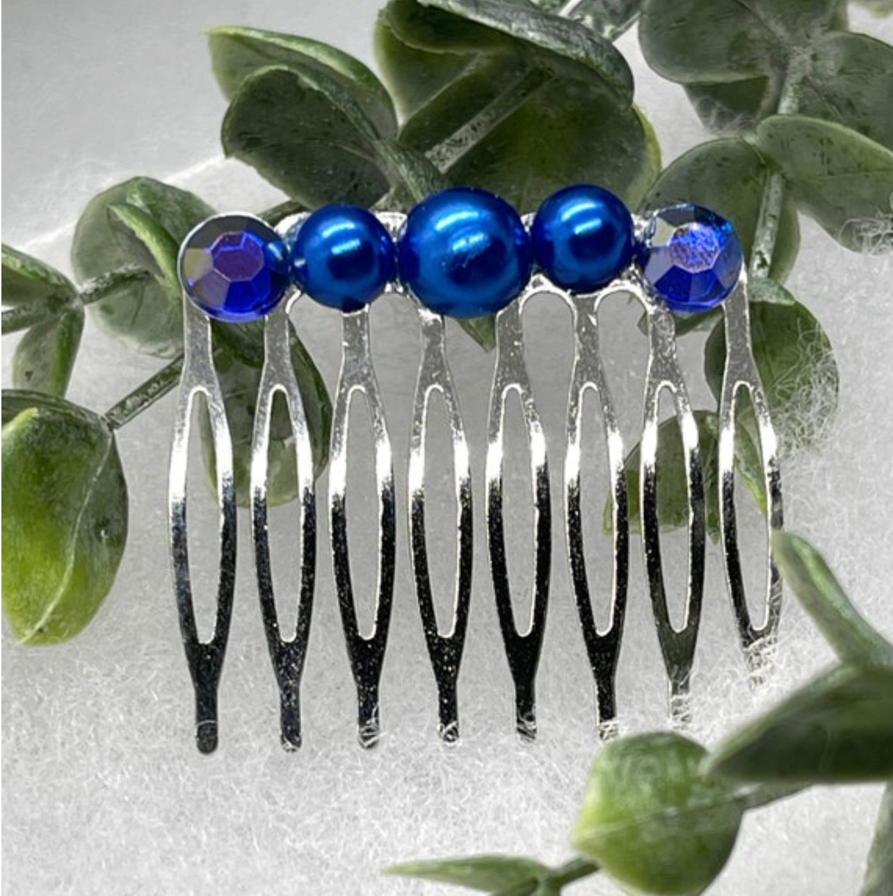 Royal blue faux Pearl crystal side comb approximately 2.0 long