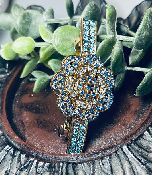 Teal blue flower Crystal rhinestone barrette approximately 3.0” gold tone formal hair accessories gift wedding bridesmaid prom birthday mother of bride groom