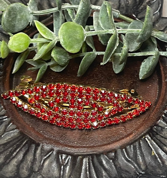 Ruby Red Crystal rhinestone barrette approximately 3.0” gold tone formal hair accessories gift wedding bridesmaid Prom birthday gifts