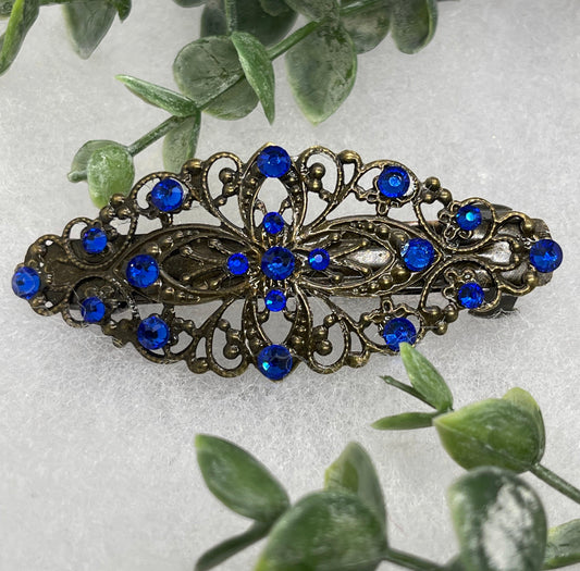 Blue sapphire crystal barrette Vintage Style 3.5”antique tone Metal bridal wedding shower birthday princess prom gift accessories