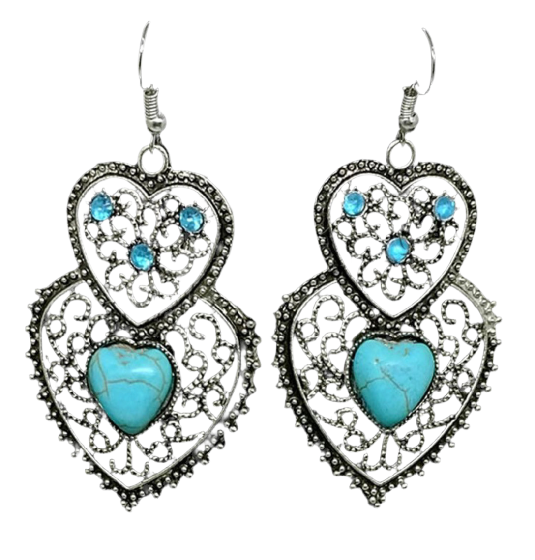 Antique vintage Turquoise hearts silver necklace earrings set