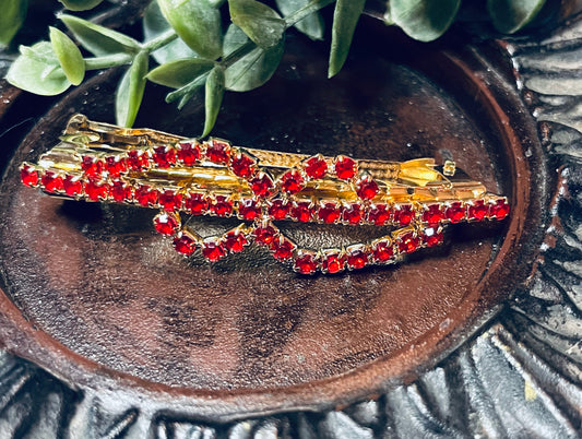 Ruby Red Crystal rhinestone barrette approximately 3.0” gold tone formal hair accessories gift wedding bridesmaid