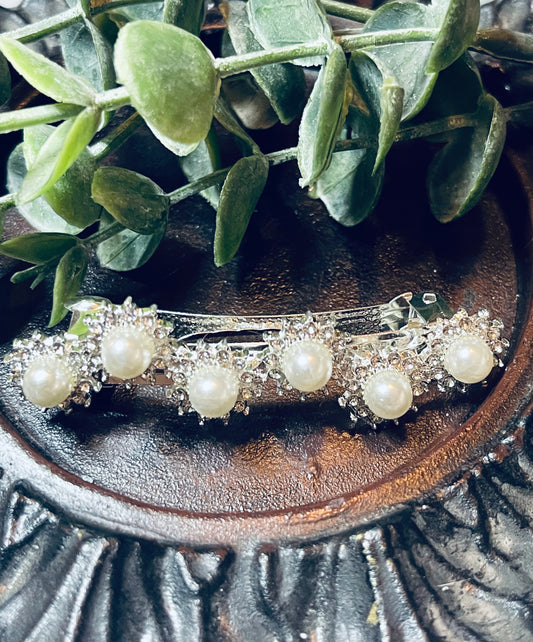 White faux Pearl Crystal rhinestone barrette approximately 2.75” silver tone formal hair accessories gift wedding bridesmaid prom birthday mother of bride groom