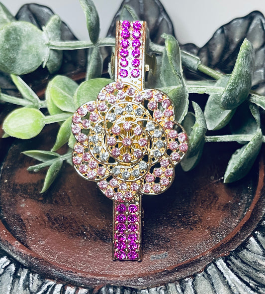 Hot pink flower Crystal rhinestone barrette approximately 3.0” gold tone formal hair accessories gift wedding bridesmaid prom birthday mother of bride groom