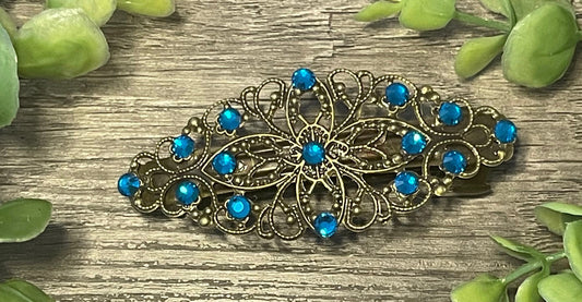 Sapphire Blue crystal barrette Vintage Style 3.5”antique tone Metal bridal wedding shower birthday princess prom gift accessories