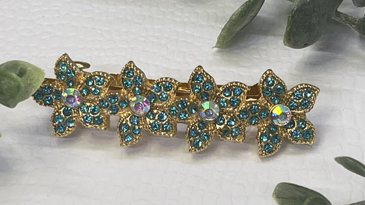 Teal Crystal rhinestone flower star barrette approximately 3.0” gold  tone formal hair accessories gift wedding bridesmaid