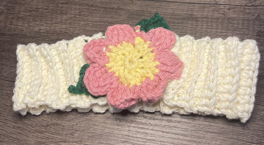 Handmade cream white pink floral headband 100% cotton girls headband gift flowers 18” strechable soft gentle headband