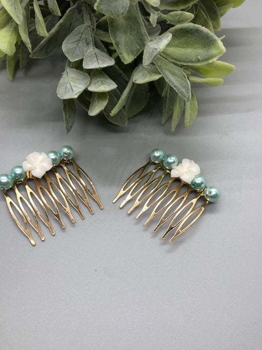 Baby Blue White Flower Beaded  2.0' Metal Comb Retro Bridal Wedding Party Prom