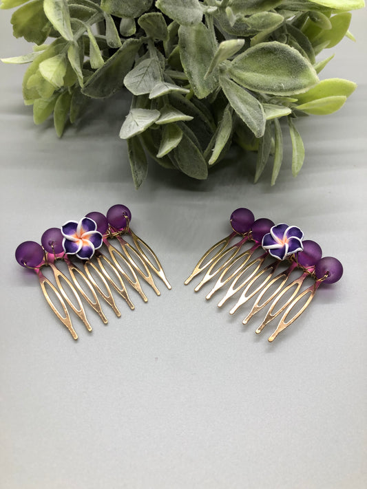 Purple Flower Beaded Hair Comb Retro Bridal Wedding Party Prom 2pc Set