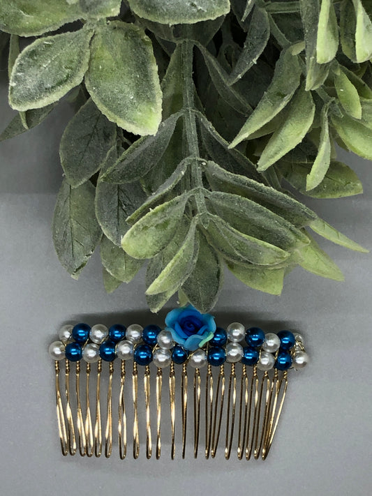 Blue White Flower Beaded Hair Comb 3.5' Gold Comb  Retro Bridal Prom Wedding Party