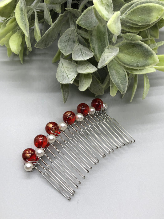 Red Reddish White Beaded Hair Comb Retro Bridal Wedding Party Prom