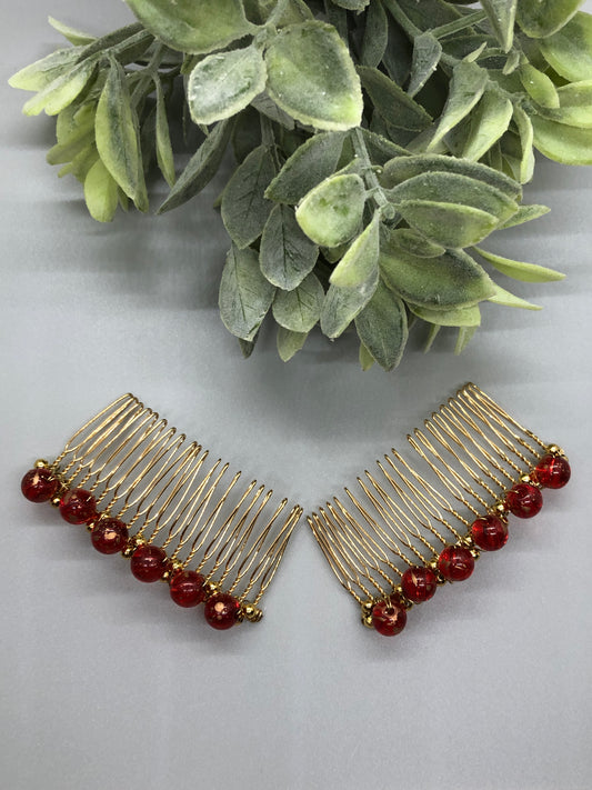 Red Gold Beaded Hair Comb Retro Bridal Wedding Party Prom