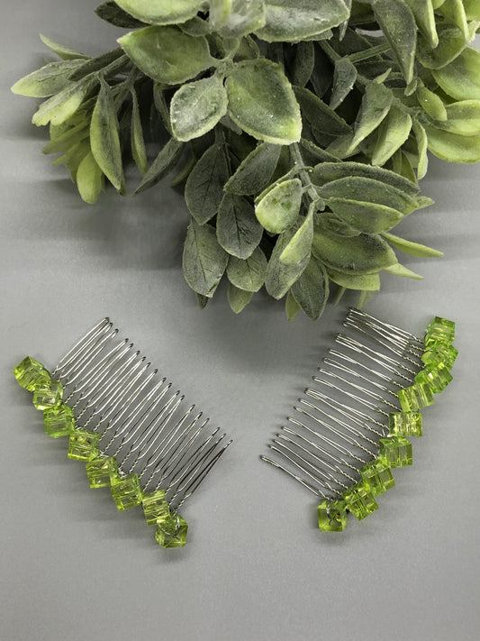 Lime Green Beaded Hair Comb 2pc Set Retro Bridal Wedding Party Prom