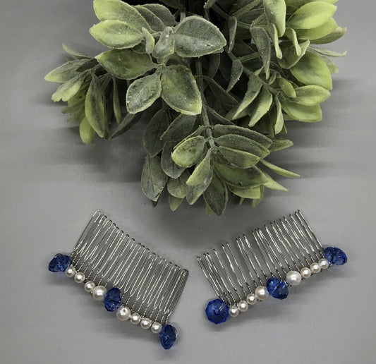 Blue White Pearls Beaded Hair 3.5'Comb Retro Bridal Wedding Party Prom 2 pc