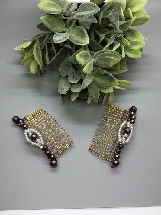 Purple White Beaded Hair Comb 3.5''  Gold Tone  2pc Set Comb  Retro Bridal Prom Wedding Party