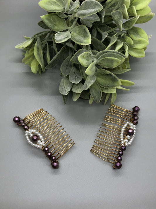 Purple White Beaded Hair Comb 3.5''  Gold Tone  2pc Set Comb  Retro Bridal Prom Wedding Party