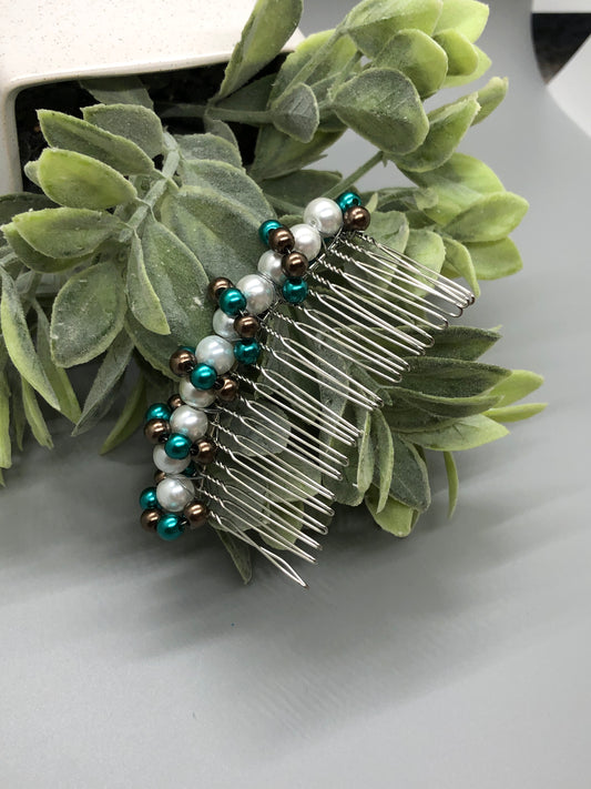 Purple White Teal Beaded  Hair Comb 3.5' Silver Metal Comb Retro Bridal Prom Wedding Party