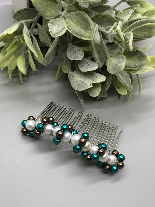 Purple White Teal Beaded  Hair Comb 3.5' Silver Metal Comb Retro Bridal Prom Wedding Party