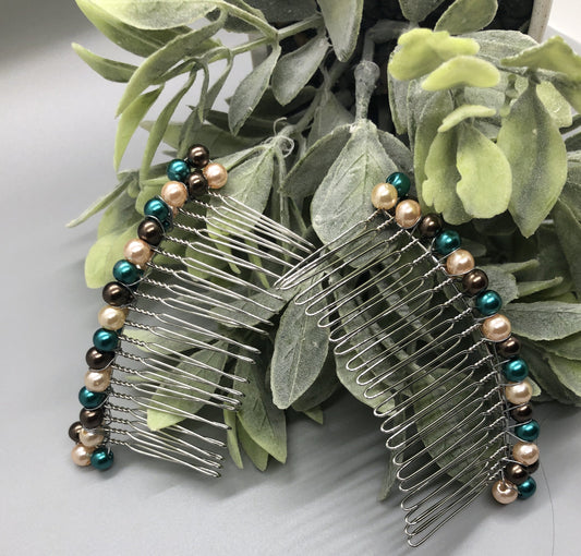 Teal Purple Pink  Beaded Hair Comb on 3.5' Silver Tone  Metal Hair Comb wedding engagement party Prom formal princess sweet 16 hair accessory accessories