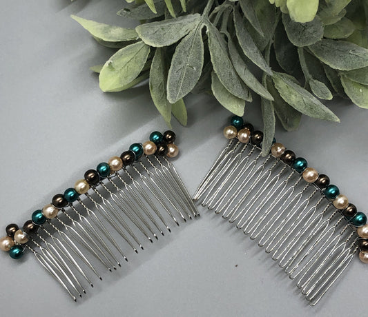 Teal Purple Pink  Beaded Hair Comb on 3.5' Silver Tone  Metal Hair Comb wedding engagement party Prom formal princess sweet 16 hair accessory accessories