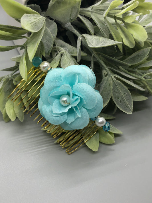 Baby Teal  Flower Teal White Beads 3.5' Metal Side Comb Retro Vintage Style 1 pc