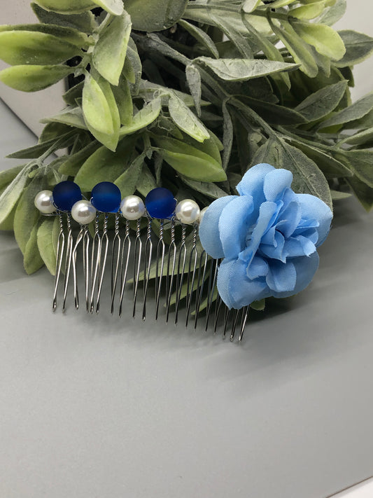 Baby Blue Flower Navy Blue White Beads 3.5' Metal Side Comb Retro Vintage Style 1 pc