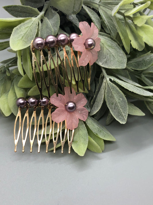 Baby Pink Acrylic Flower Purple Metallic Beads 2.0' Metal Side Comb Retro Vintage Style 2 pc