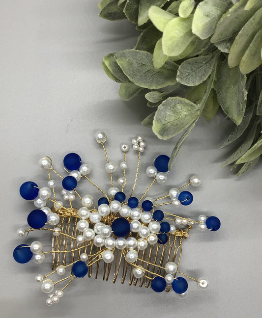 Navy Blue White Beaded  Hair Vines Comb 3.5' Gold Metal Comb Retro Bridal Prom Wedding Party