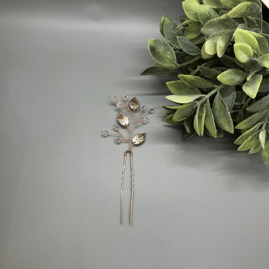 Rose Gold Leaves Clear Crystal Beaded  Hair Pin Metal Comb Retro Bridal Prom Wedding Party