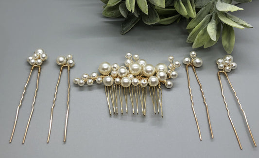 Cream Ivory Beaded  5 pc Set Comb Pins  Gold  Tone Metal Comb Retro Bridal Prom Wedding Party