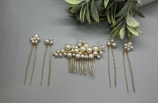 Cream Ivory Beaded  5 pc Set Comb Pins  Gold  Tone Metal Comb Retro Bridal Prom Wedding Party