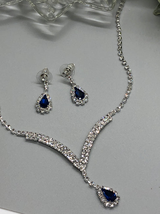 Navy Blue Crystal Rhinestone Bridal Necklace Earrings Sets Wedding Formal Shower Party Event Accessories #007