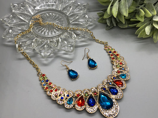 Rainbow Multi Color Crystal Rhinestone Bridal Necklace Earrings Sets Wedding Formal Shower Party Event Accessories #011