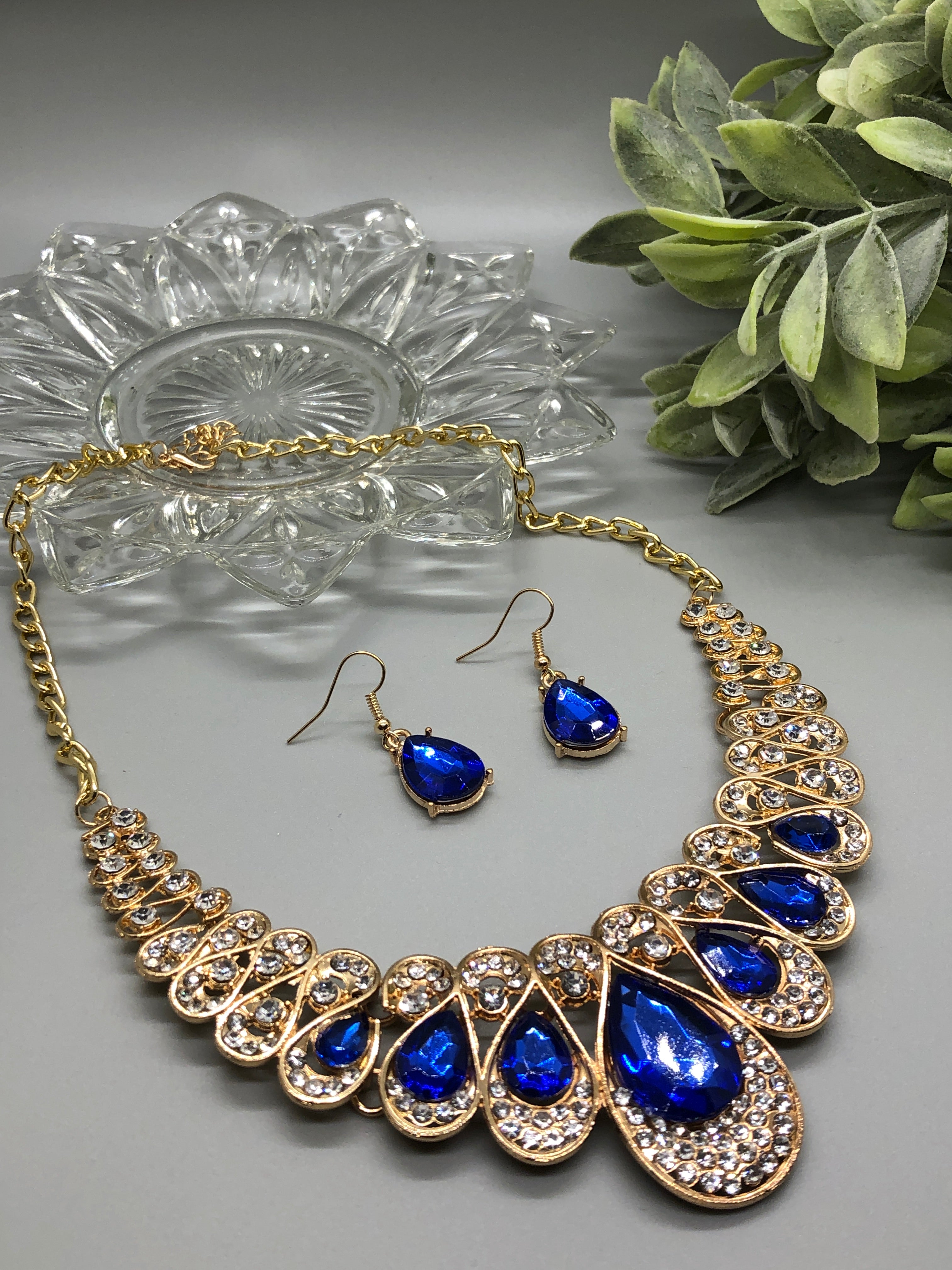 Navy Blue Crystal Rhinestone Bridal Necklace Earrings Sets Wedding