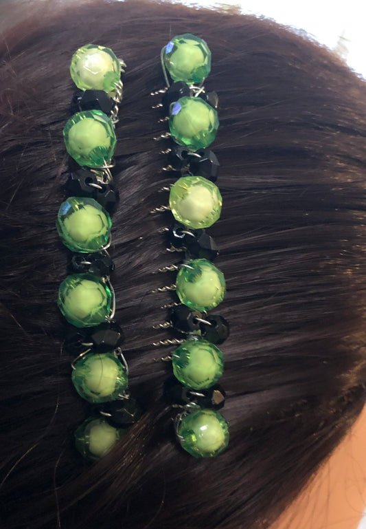 Lime Green Black Beaded Hair Comb 2pc Set Retro Bridal Wedding Party