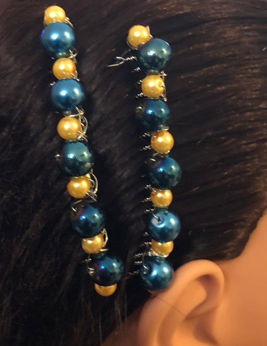 Blue Gold Beaded Hair Comb Retro Bridal Wedding Party Prom