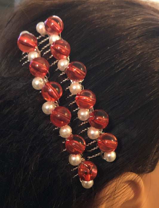 Red Reddish White Beaded Hair Comb Retro Bridal Wedding Party Prom