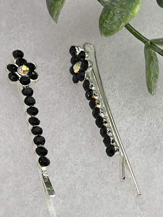 Black crystal rhinestone approximately 2.0” silver tone hair pins 2 pc set wedding bridal shower engagement formal princess accessory accessories