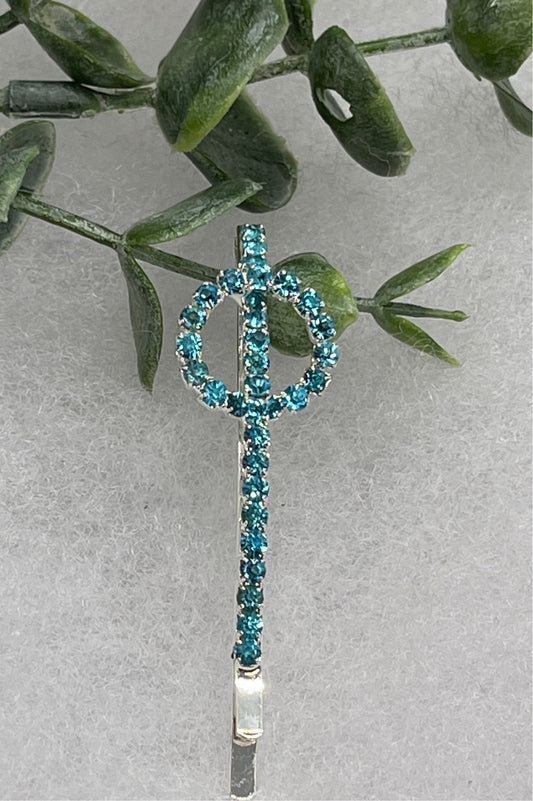 Teal blue Crystal Rhinestone hair pin silver tone approx 2.5” bridesmaid wedding formal princess accessory accessories