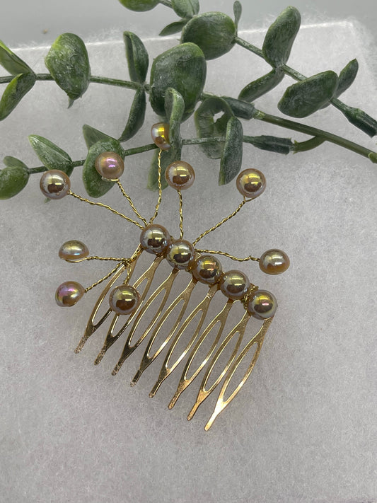 Gold iridescent faux pearl 2.0” gold tone bridal side Comb accents vine handmade by hairdazzzel wedding accessory bride princess