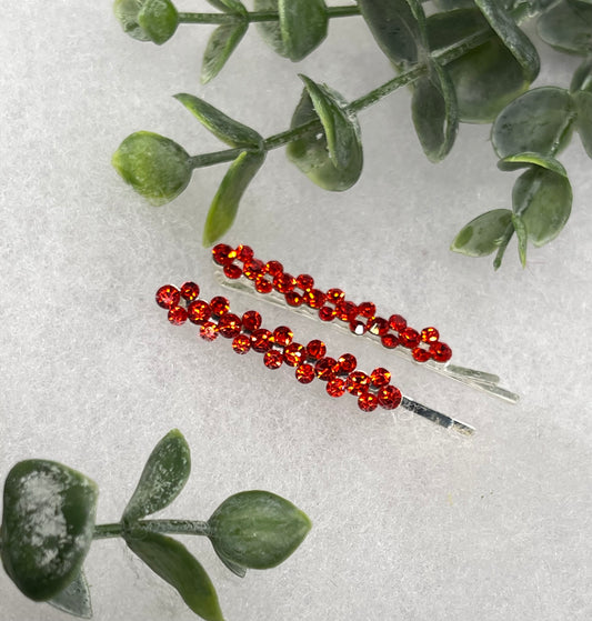 Red Crystal Rhinestone Bobby pin hair pins set approximately 2.5”  silver tone formal hair accessory gift