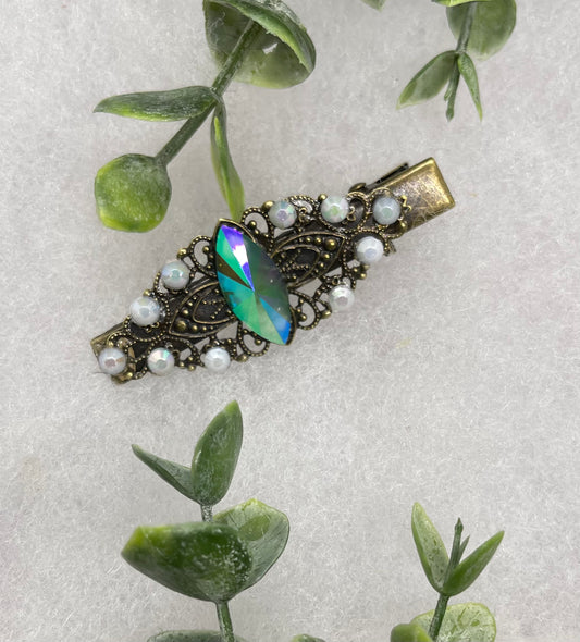 Iridescent Pearl Vintage Style Crystal Rhinestone 2,5” antique tone Metal Alligator clip  brid