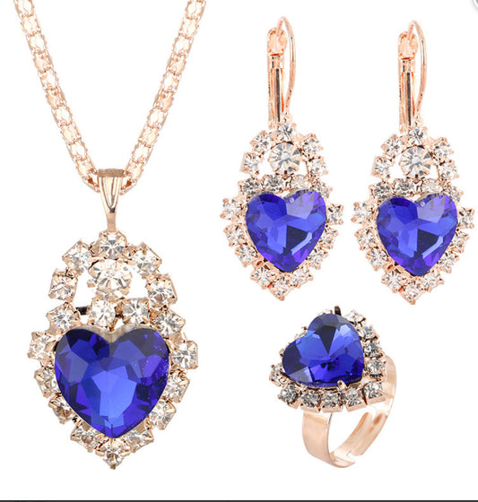 Blue sapphire crystal hearts rhinestone gold necklace earrings ring set