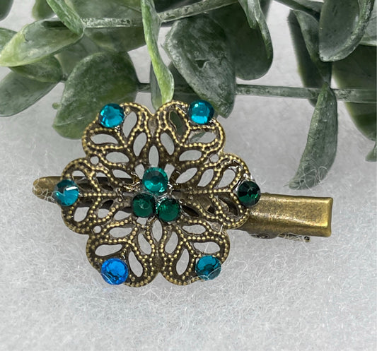 Teal Blue crystal rhinestone flower 2.0”alligator clip Antique vintage style bridal Wedding shower