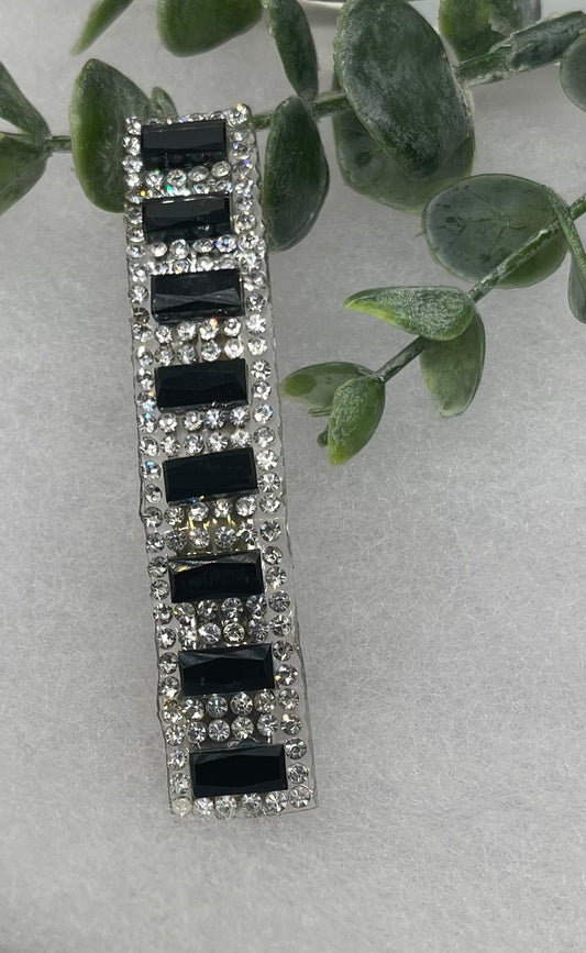 Black silver Acrylic rhinestone silver tone hair clip barrettes approximately 3.0” long hair accessory