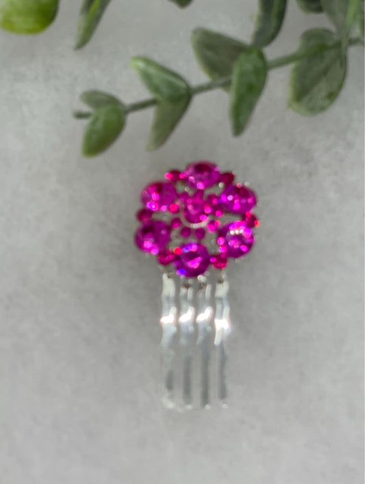 Hot pink crystal rhinestone flower approximately 2.0” hair side comb wedding bridal shower engagement formal princess accessory accessories