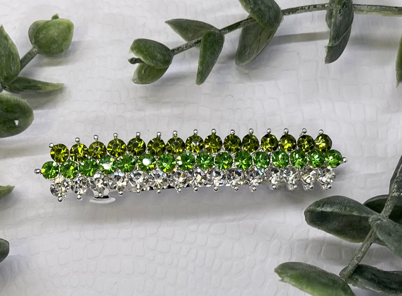 Green Crystal rhinestone barrette approximately 3.0” silver tone formal hair accessories gift wedding bridesmaid