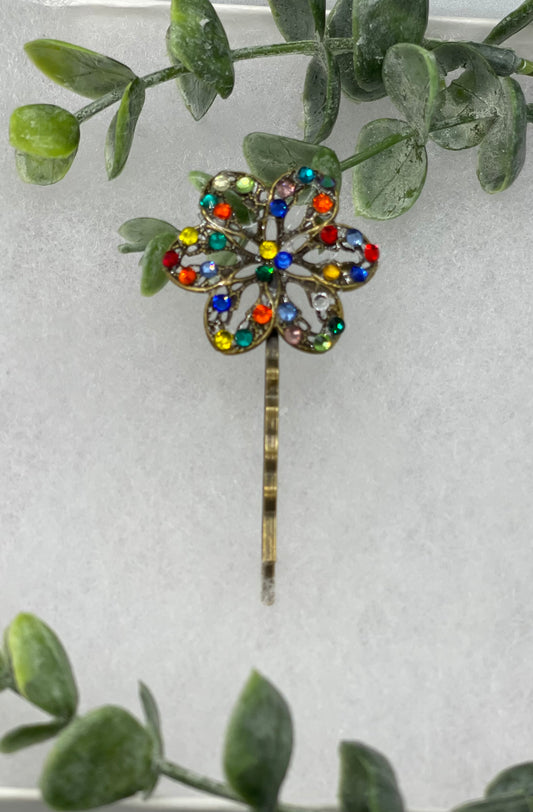 Rainbow crystal Antique vintage Style approximately 3.0” flower hair pin wedding engagement bride princess formal hair accessory