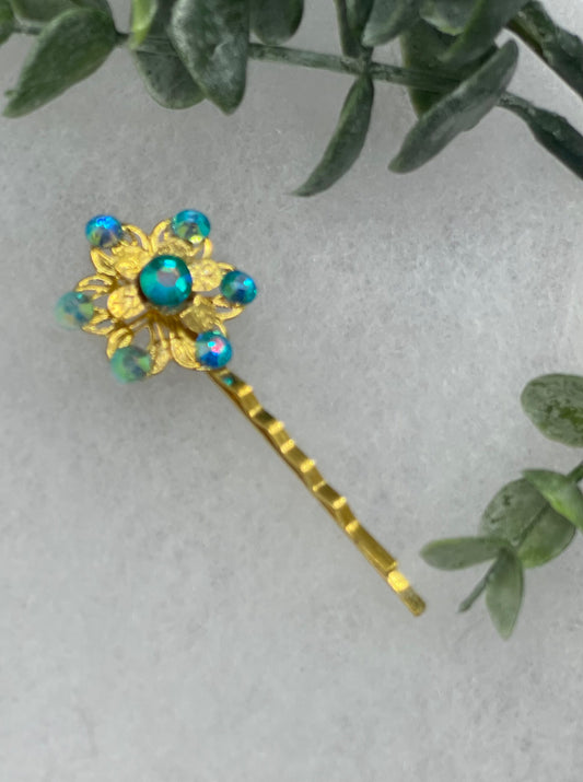 Iridescent Teal crystal Gold Antique vintage Style approximately 3.0” flower hair pin wedding