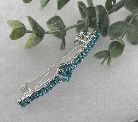 Teal Crystal Rhinestone Barrette approximately 3.0”Metal silver tone formal hair accessory gift wedding bridal shower accessories